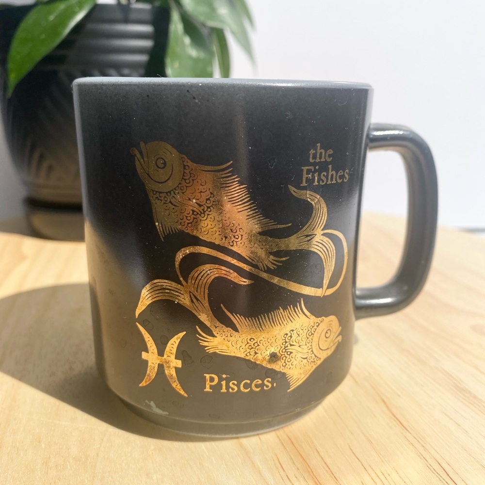 Vintage Milk Glass Mug Astrology 1970s Pisces Gold Black Glasbake Zodiac Decor